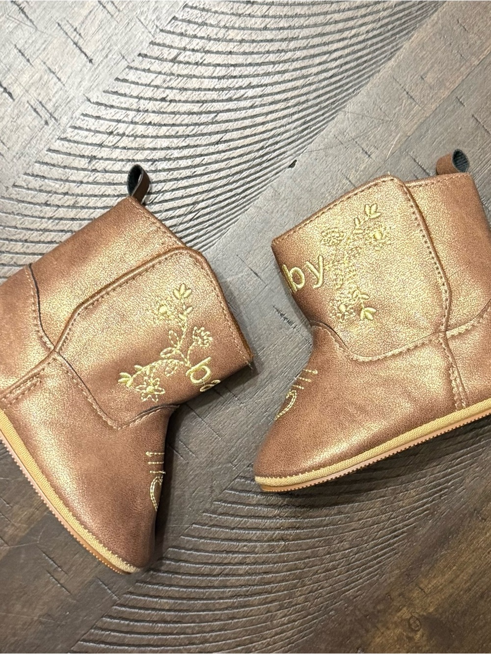 Kids Metallic Brown Boot with Floral Embroidery